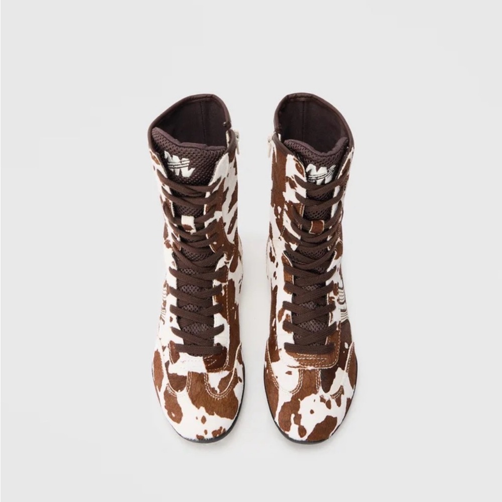 Steve Madden Cow-Print Lace-Up Ankle Boots in Brown and White